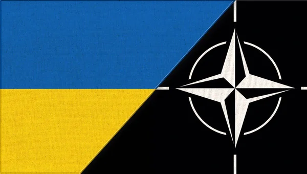 Ukraine and NATO flags in illustration. Flag of Ukraine and NATO-3D illustration. Two Flag Together - Fabric Texture. Double flag of Ukraine and North Atlantic Alliance