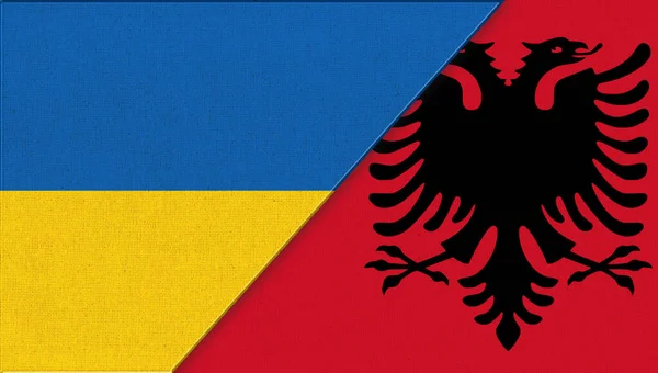 Flag of Ukraine and Albania -3D illustration. Two Flag Together-Fabric Texture. European country. National symbols of Ukraine and Albania. Balcan country. Ukrainian and Albanian flag on fabric surface