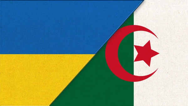Bendera Ukraina Dan Gambar Aljazair Dua Bendera Bersama Tekstur Kain — Stok Foto