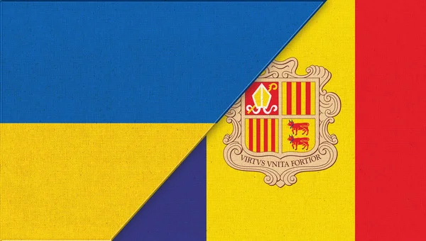 乌克兰国旗和安道尔国旗 3D插图 两个旗子在一起 织物纹理 乌克兰和安道尔的国家象征 两个国家 安道尔国旗 织物表面的安道尔国旗 — 图库照片