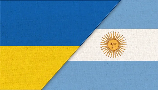 Flag of Ukraine and Argentina - 3D illustration. Two Flag Together - Fabric Texture. National symbols of Ukraine and Argentina. Two Countries. Argentinian and Urkainian flags