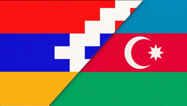ナゴルノ カラバフとアゼルバイジャンの旗 3Dイラスト 二つの旗 アゼルバイジャンとナゴルノ カラバフの国章 ナゴルノ カラバフ戦争 2つのコーカサス共和国の二重旗 — ストック写真