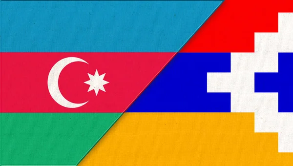 アゼルバイジャンとナゴルノ カラバフの旗 3Dイラスト 二つの旗 アゼルバイジャンとナゴルノ カラバフの国章 ナゴルノ カラバフ戦争 2つのコーカサス共和国の二重旗 — ストック写真