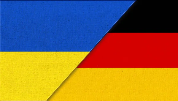 Flag Ukraine Germany Two Flag Together Fabric Texture Union Two — Stock Photo, Image