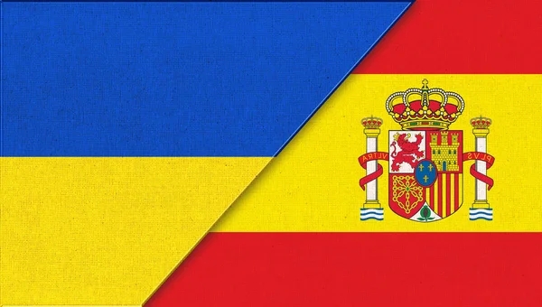 乌克兰和西班牙国旗 3D插图 双面旗帜 面料面料 乌克兰和西班牙的国旗 3D插图 国家间的友谊 — 图库照片