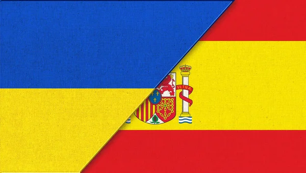 乌克兰和西班牙国旗 3D插图 双面旗帜 面料面料 乌克兰和西班牙的国旗 3D插图 各国的友谊 西班牙和乌克兰国旗 — 图库照片