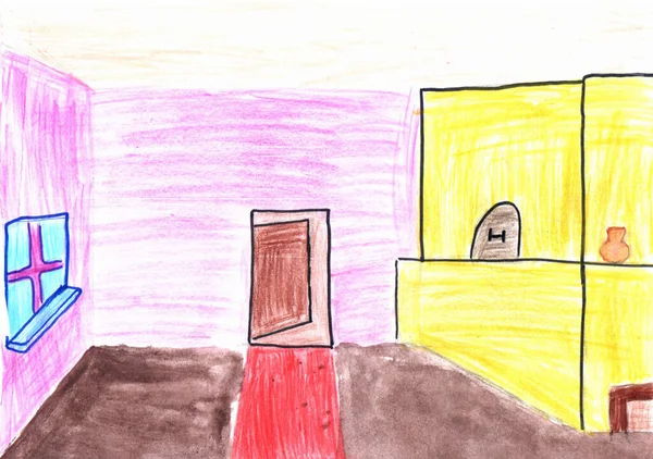 Modern room drawn by child. Children drawing of interior of modern room. Colorful drawing of stylish flat. Designed room in childish drawing. Childish art. Draw made by pencils