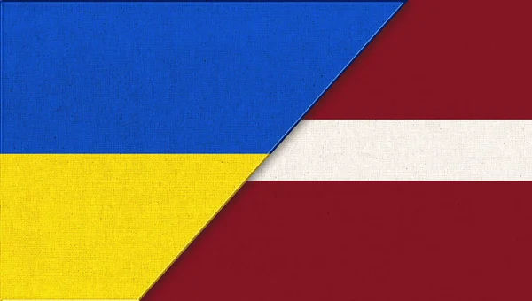 Ukrajinská Vlajka Lotyšsko Ukrajinské Lotyšské Vlajky Povrchu Tkaniny Dvě Vlajky — Stock fotografie