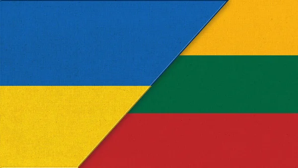 Bandeira Ucrânia Lituânia Bandeiras Ucranianas Lituanas Superfície Tecido Duas Bandeiras — Fotografia de Stock