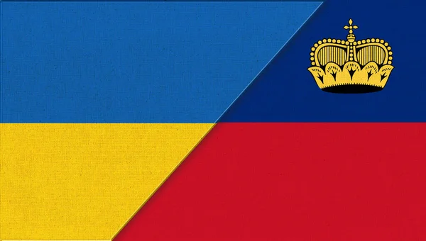 ウクライナとリヒテンシュタインの国旗 ウクライナとリヒテンシュタインの国旗が布の表面に描かれている 2つの旗 生地のテクスチャ ウクライナとリヒテンシュタインの国民のシンボル 競技会 — ストック写真