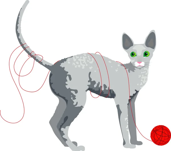 Lindo gato con una bola de hilo — Vector de stock