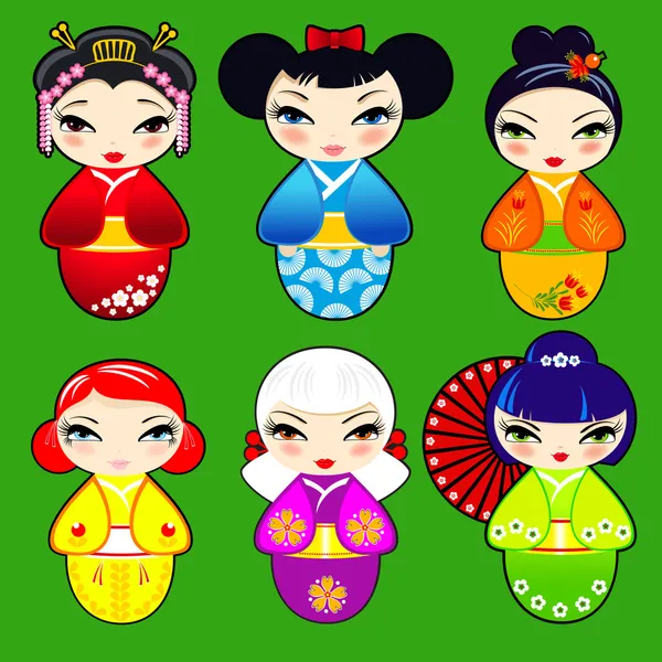 Set 2 de jolies poupées kokeshi — Image vectorielle