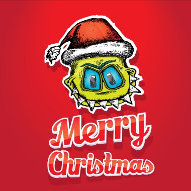 Noel Baba kırmızı şapkalı vektör canavar yüz karakter.