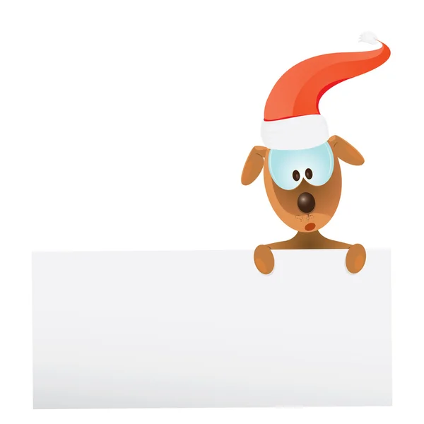 Cão de Natal em santa chapéu segurando bandeira branca — Vetor de Stock