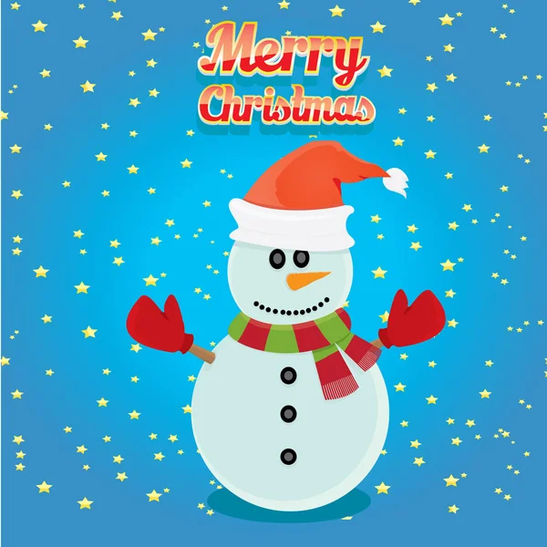 Vector snowman on blue sky background with stars. — Stock Vector