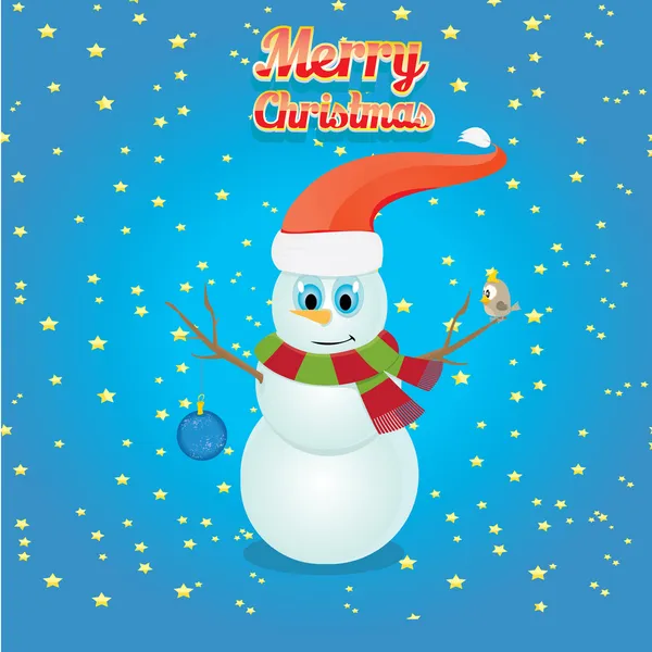 Vector snowman on blue sky background with stars. — Stock Vector