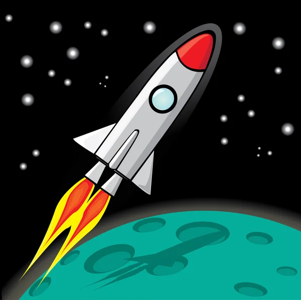 Vecteur rétro fusée vaisseau espace dans le ciel . — Image vectorielle