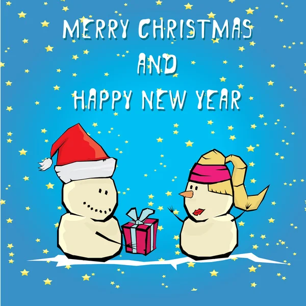 Vector cartoon merry christmas card met sneeuwpop. — Stockvector