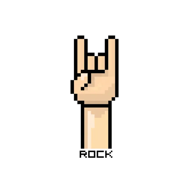 Vector pixel arte mano signo rock n roll botón — Vector de stock