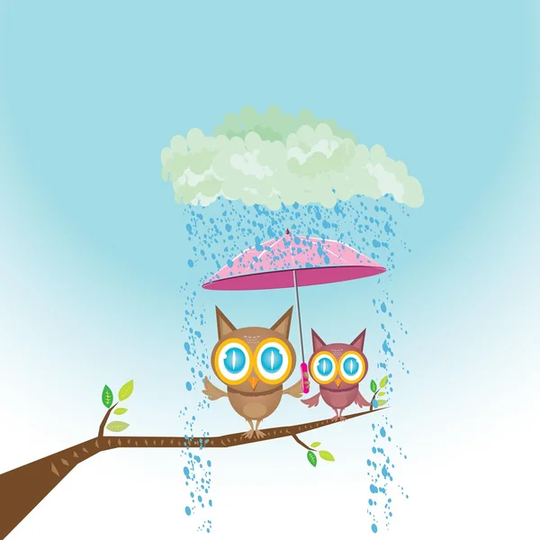 Vector cartoon cute little owl bird on tree branch — Stock Vector