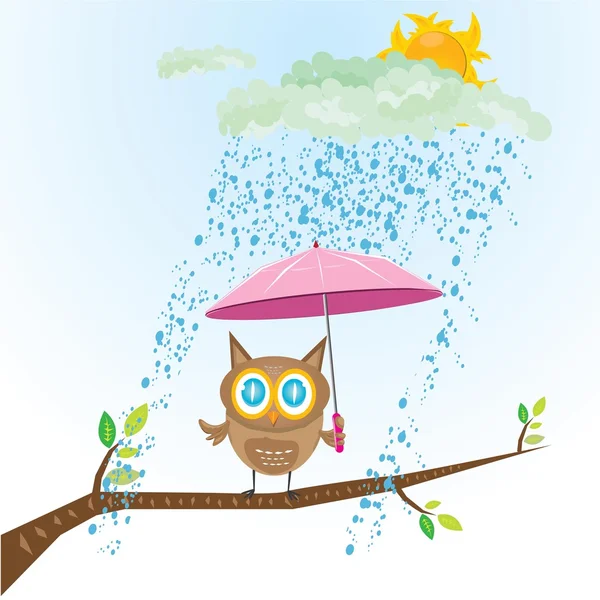 Vector cartoon cute little owl bird on tree branch — Stock Vector