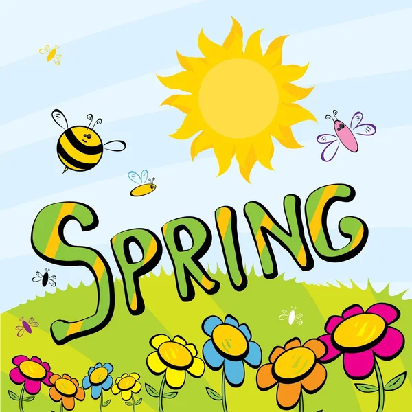 Primavera parola, fiori e farfalla vettore . — Vettoriale Stock