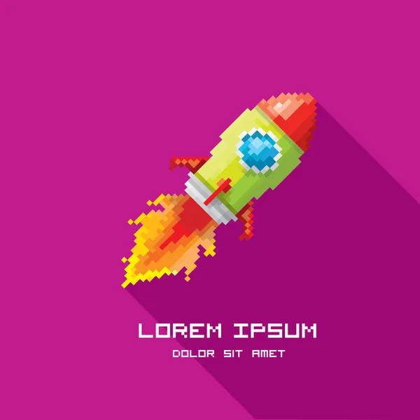 矢量平面像素火箭在紫罗兰色的背景上. — 图库矢量图片