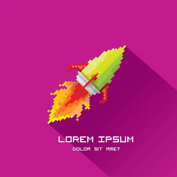 矢量平面像素火箭在紫罗兰色的背景上. — 图库矢量图片