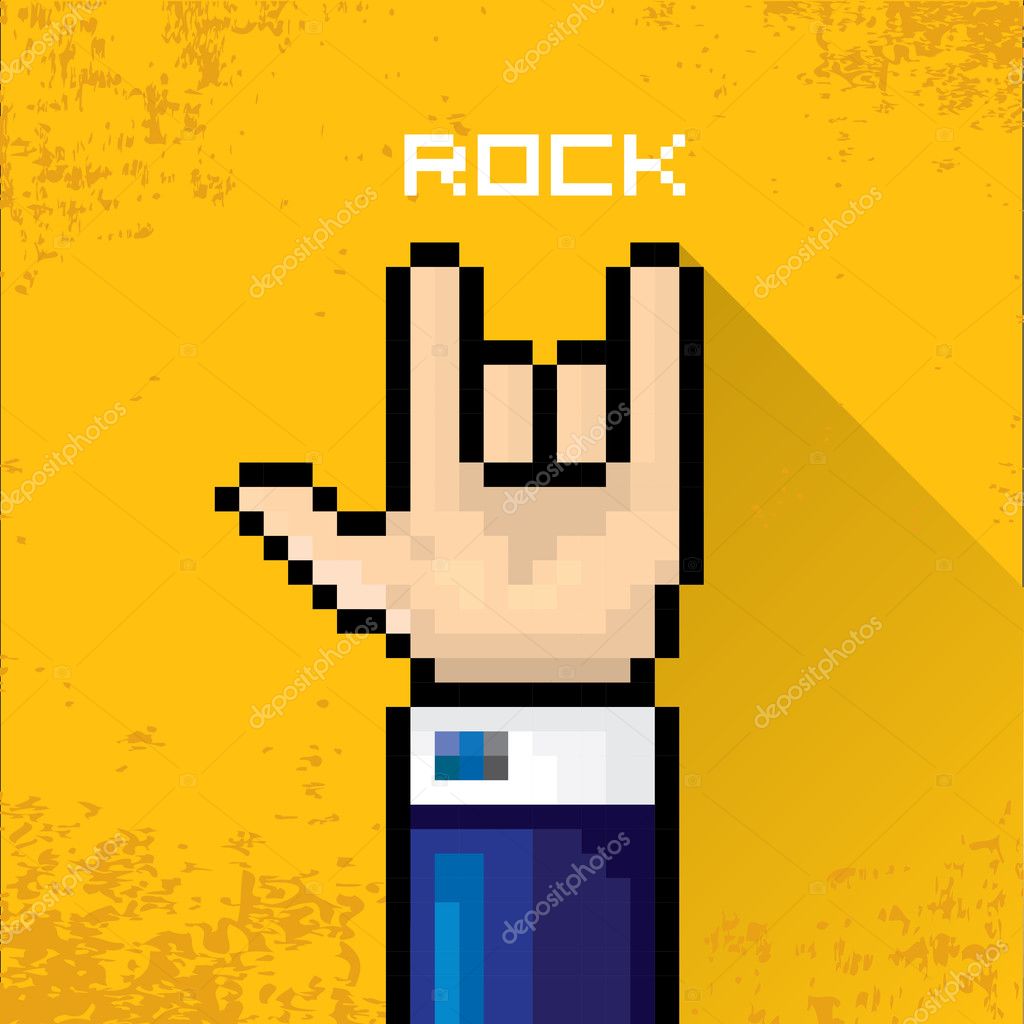 Vector flat pixel art hand sign rock n roll music on on stylish orange grunge background. rock n roll icon