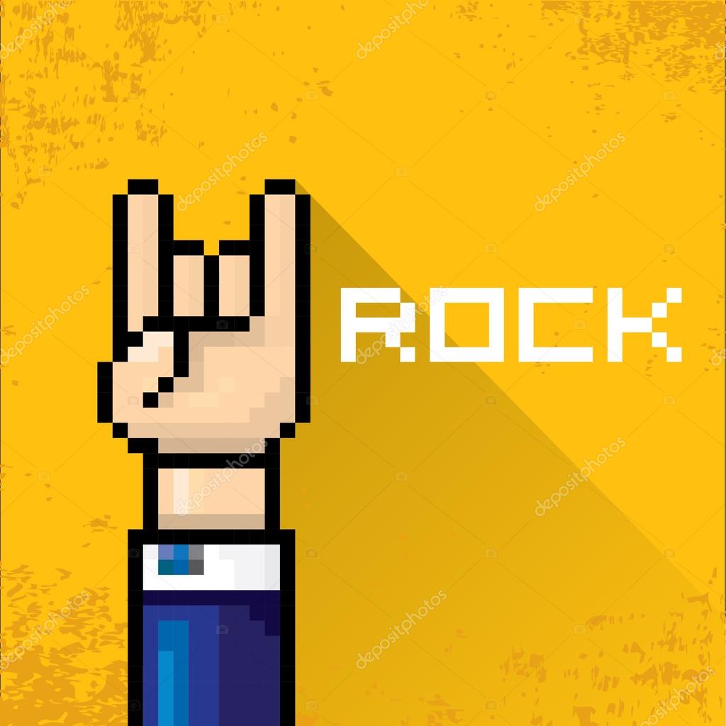 Vector flat pixel art hand sign rock n roll music on on stylish orange grunge background. rock n roll icon