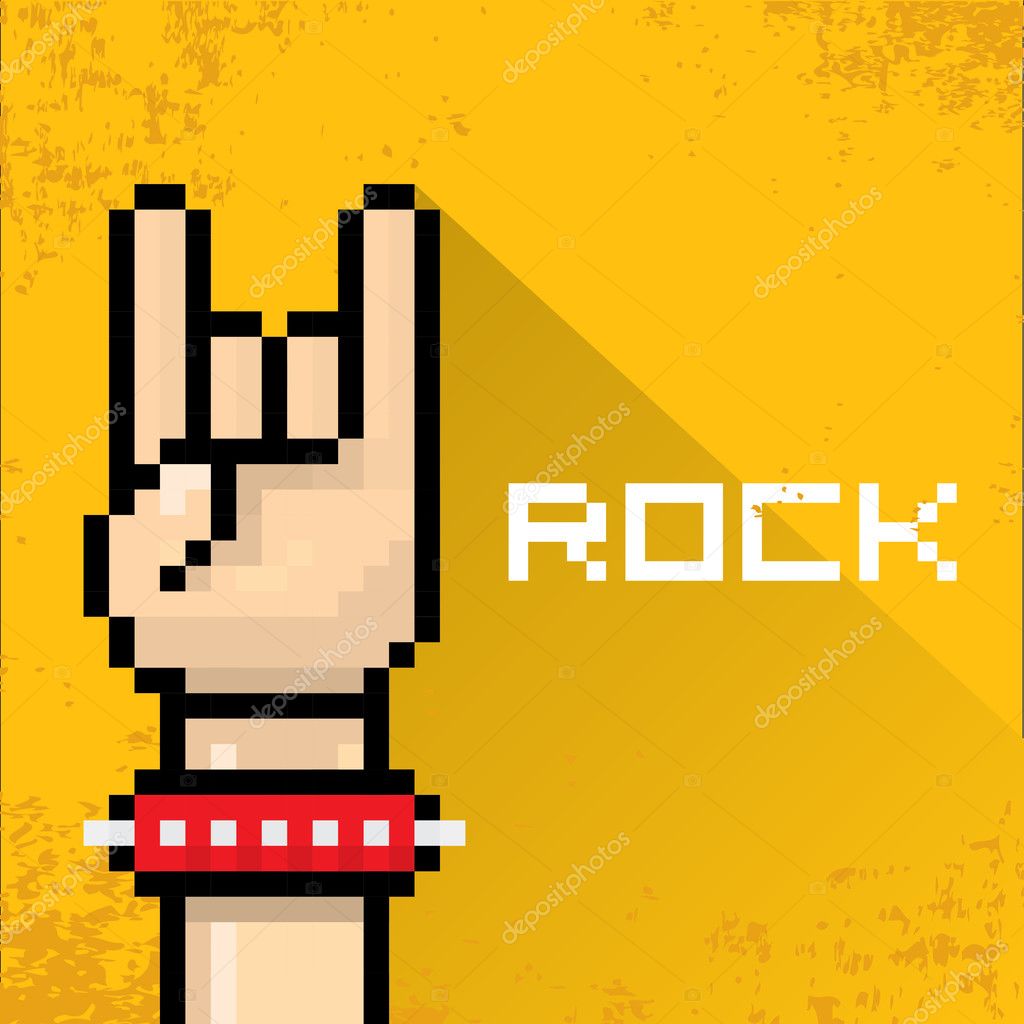 Vector flat pixel art hand sign rock n roll music on on stylish orange grunge background. rock n roll icon