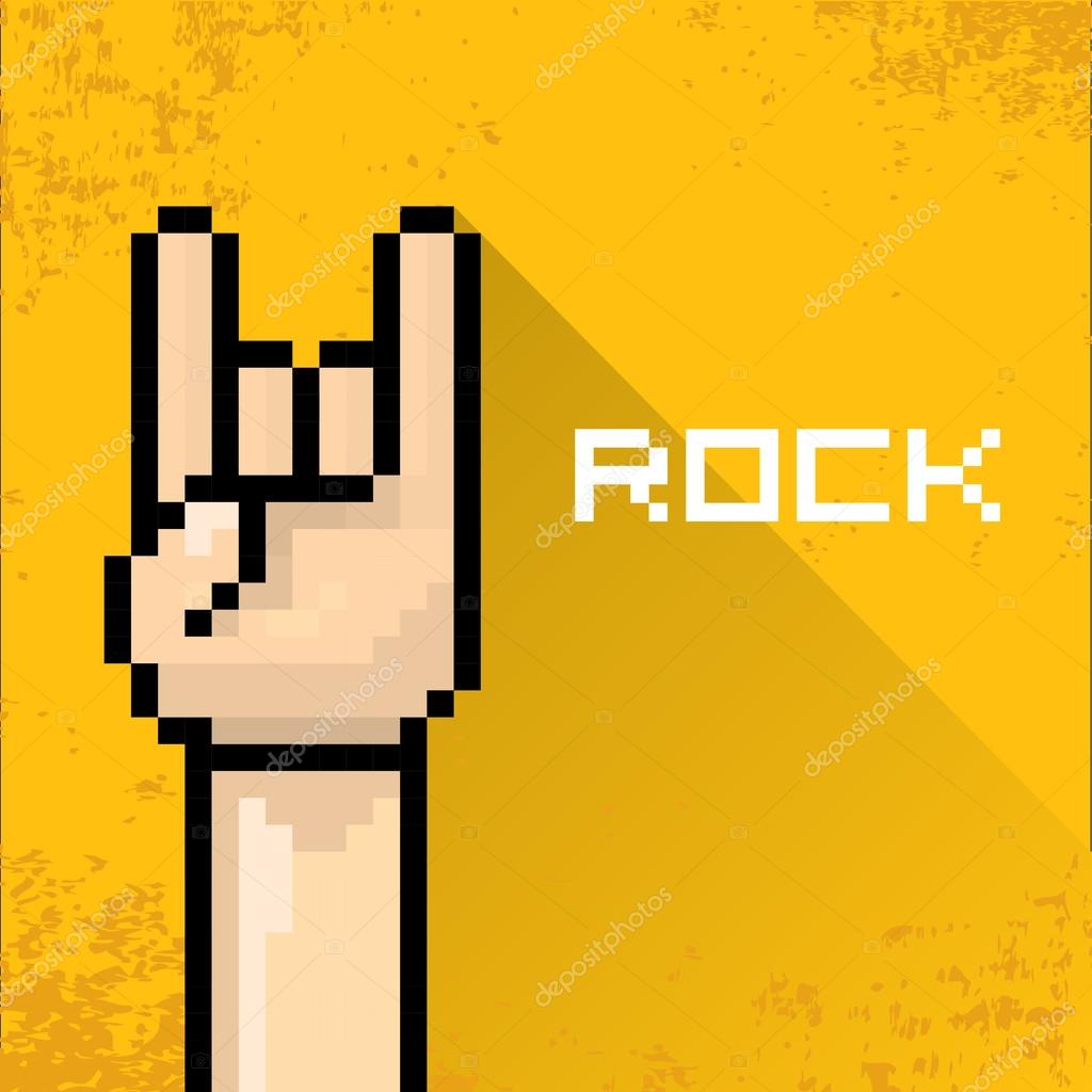 Vector flat pixel art hand sign rock n roll music on on stylish orange grunge background. rock n roll icon