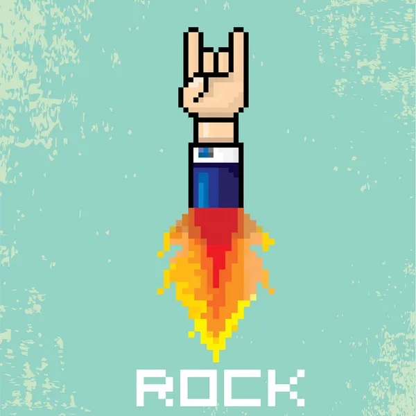 Wektor płaskie pikseli ikona rock n roll z ogniem — Wektor stockowy