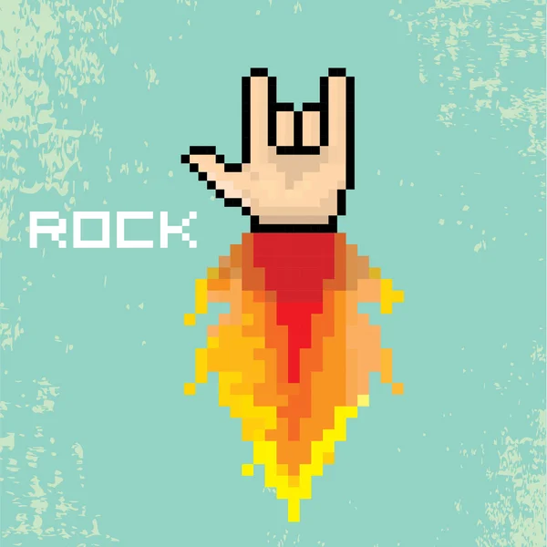 Vector pixel plano rock n roll icono con fuego — Archivo Imágenes Vectoriales