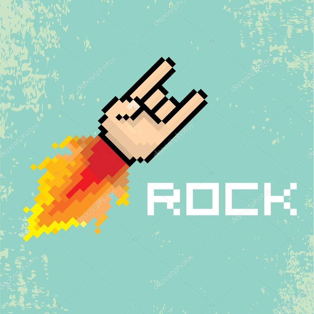 Vector flat pixel art hand sign rock n roll music on on stylish grunge background. rock n roll icon with fire
