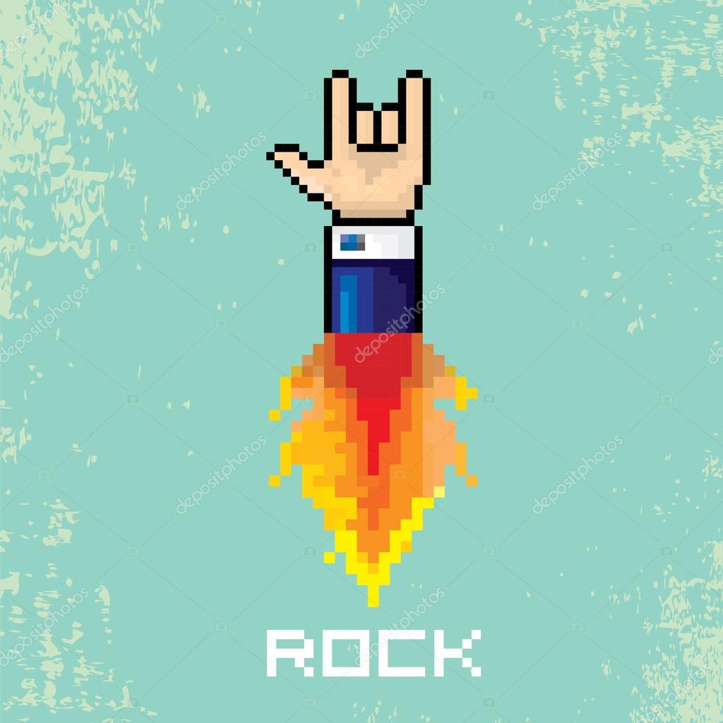 Vector flat pixel art hand sign rock n roll music on on stylish grunge background. rock n roll icon with fire