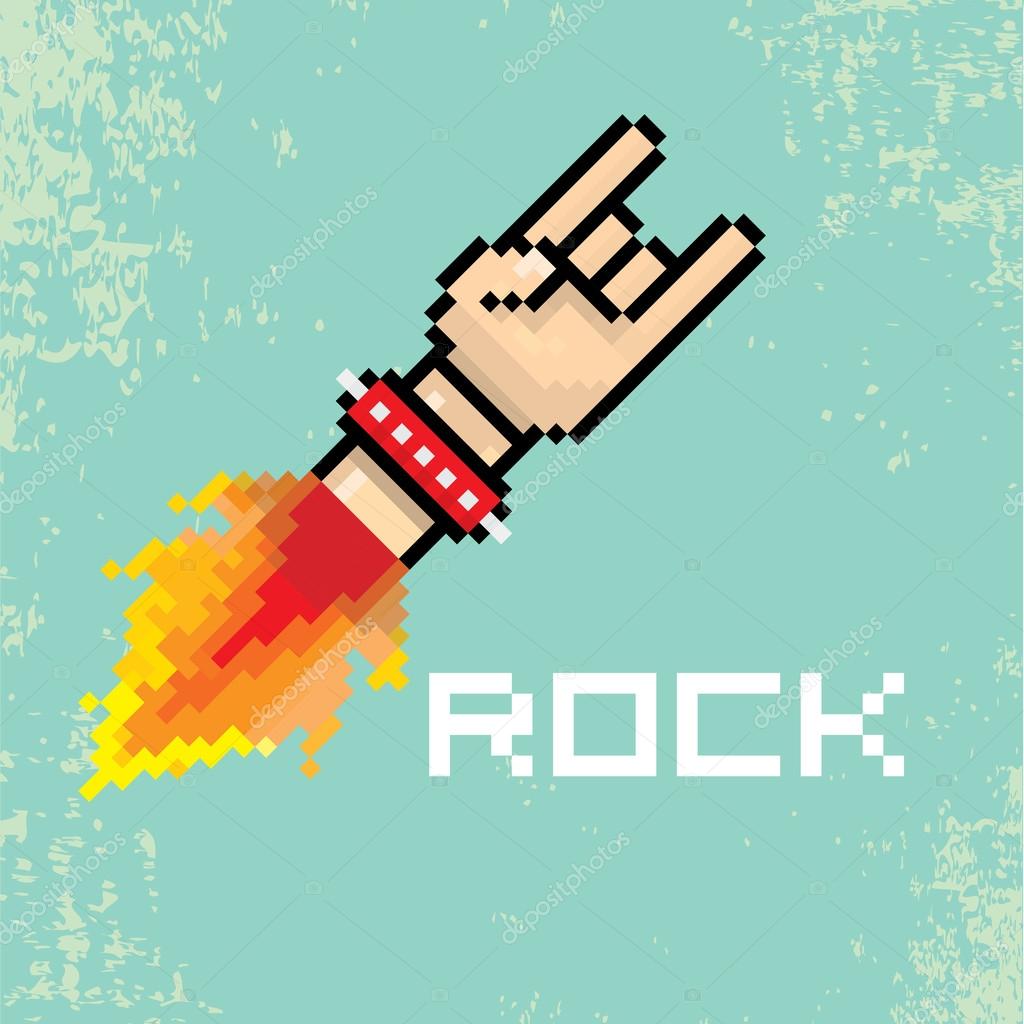 Vector flat pixel art hand sign rock n roll music on on stylish grunge background. rock n roll icon with fire