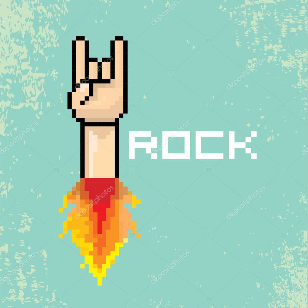 Vector flat pixel art hand sign rock n roll music on on stylish grunge background. rock n roll icon with fire