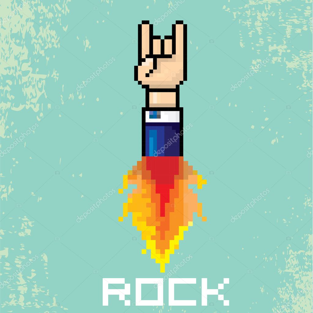 Vector flat pixel art hand sign rock n roll music on on stylish grunge background. rock n roll icon with fire