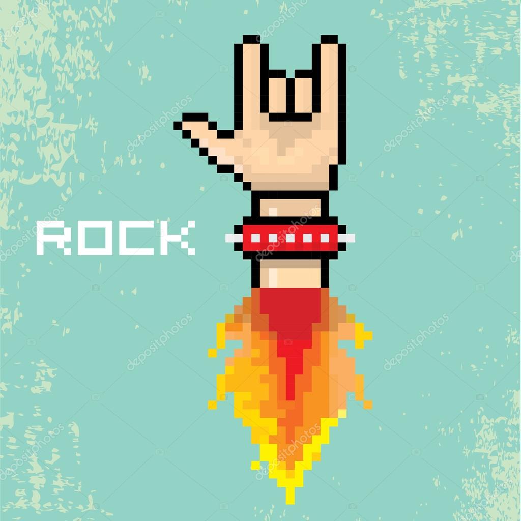 Vector flat pixel art hand sign rock n roll music on on stylish grunge background. rock n roll icon with fire