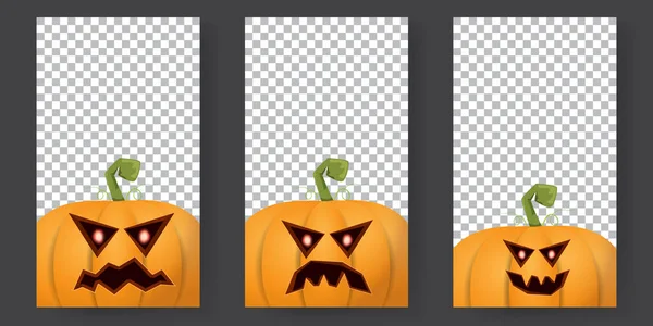 Storie di cartoni animati verticali di Halloween con zucche spaventose di Halloween. Funky bambini Halloween sfondo con spazio per il testo — Vettoriale Stock