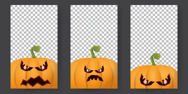 Storie di cartoni animati verticali di Halloween con zucche spaventose di Halloween. Funky bambini Halloween sfondo con spazio per il testo — Vettoriale Stock
