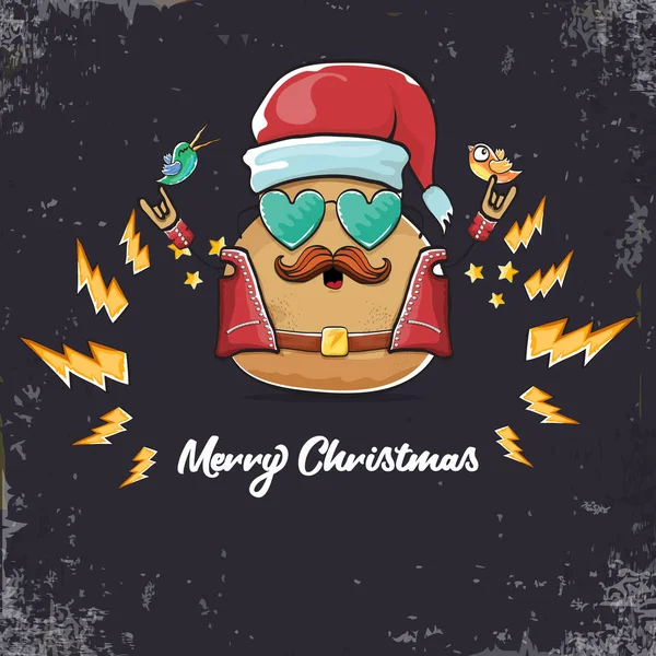 矢量摇滚明星桑塔土豆滑稽漫画可爱的人物与红色桑塔帽子和文字圣诞灰色背景 圣诞派对海报 — 图库矢量图片