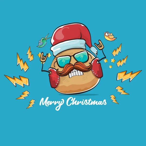 Векторна рок-зірка Санта-картопля смішний мультяшний милий персонаж з червоним капелюхом Санта та каліграфічним різдвяним текстом ізольовано на синьому фоні. рок-н-рольний різдвяний вечірній плакат — стоковий вектор