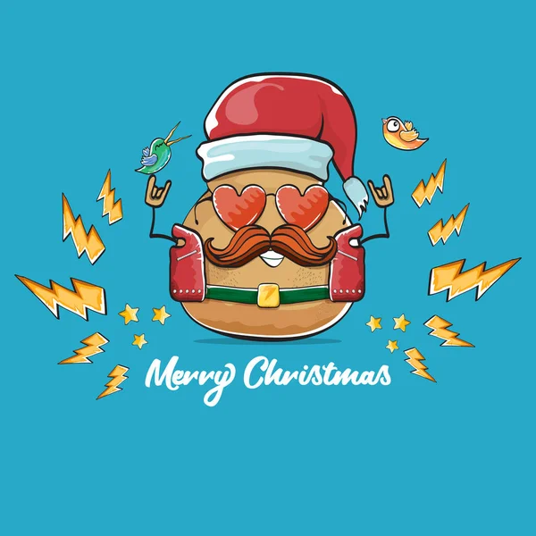 Vector estrella de rock santa patata divertido personaje lindo de dibujos animados con con sombrero de santa rojo y caligrafía texto de Navidad aislado sobre fondo azul. rock n roll cartel de la fiesta de Navidad — Archivo Imágenes Vectoriales