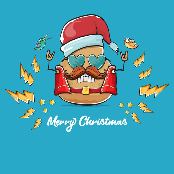 Vector estrella de rock santa patata divertido personaje lindo de dibujos animados con con sombrero de santa rojo y caligrafía texto de Navidad aislado sobre fondo azul. rock n roll cartel de la fiesta de Navidad — Archivo Imágenes Vectoriales