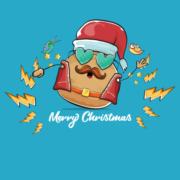 Vector estrella de rock santa patata divertido personaje lindo de dibujos animados con con sombrero de santa rojo y caligrafía texto de Navidad aislado sobre fondo azul. rock n roll cartel de la fiesta de Navidad — Archivo Imágenes Vectoriales