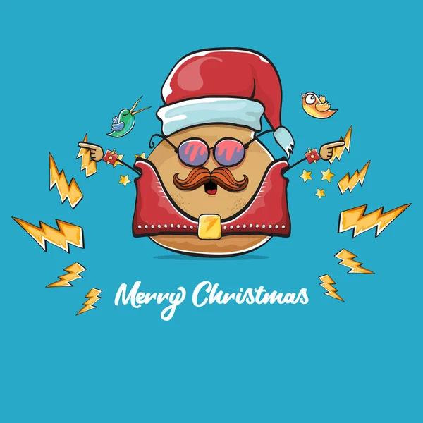 Vector rock star santa potato funny cartoon cute character with with red santa hat and calligraphic christmas text isolated on blue background. rock n roll christmas party poster — Stock Vector