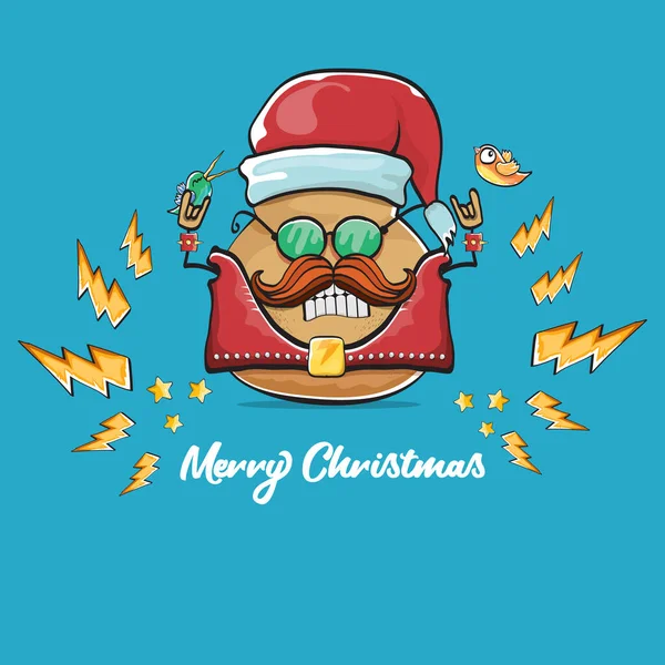 Vector rock star santa potato funny cartoon cute character with with red santa hat and calligraphic christmas text isolated on blue background. rock n roll christmas party poster — Stock Vector