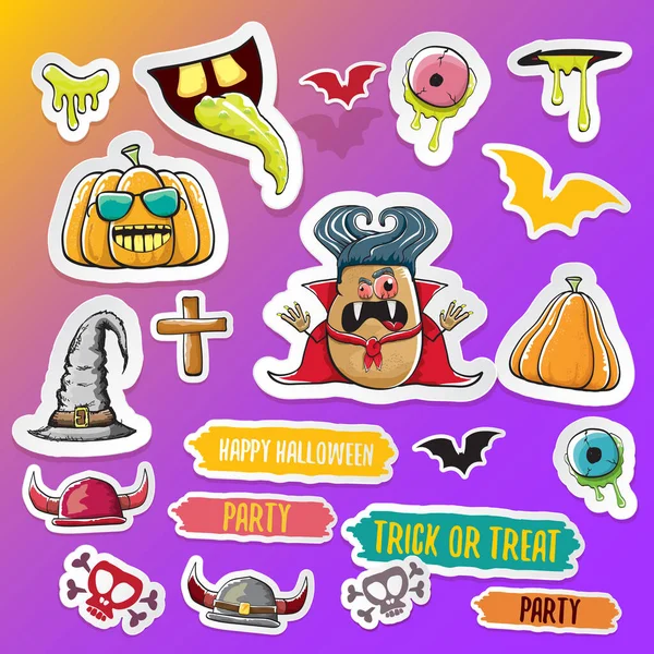 Vector halloween sticker icons set with dracula, witch hat, scary pumpkin, bat , skull, happy halloween text, demon and zombie eyes, wooden cemetry cross, monsters isolated on violet background. — Stock Vector